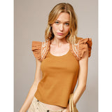 Camel Embroidered Ruffle Shoulder Tank Top