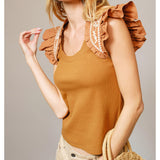 Women's Camel Color Embroidered Ruffle Shoulder Short Sleeve
