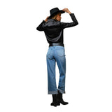 Back view of black pearl snap button up