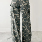 Back side view of the pants, they feature wide legs and two back pockets. 