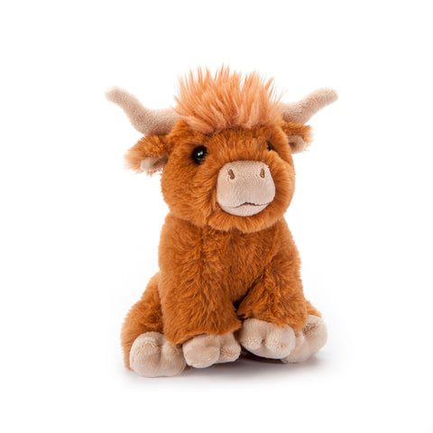Front side view of sitting 6" highland cow plush toy