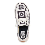women's black & white embroidered crochet upper with chambray heel shoes top view