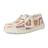 women's pink & multi color embroidered crochet upper with chambray heel shoes