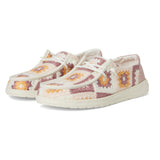 women's pink & multi color embroidered crochet upper with chambray heel shoes