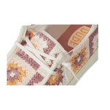 women's pink & multi color embroidered crochet upper with chambray heel shoes up close