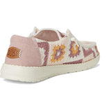 women's pink & multi color embroidered crochet upper with chambray heel shoes heel view