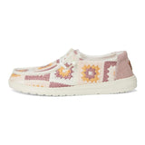 women's pink & multi color embroidered crochet upper with chambray heel shoes left side
