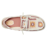women's pink & multi color embroidered crochet upper with chambray heel shoes top view
