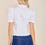 Back view of a model wearing the White Romance Ruffle V‑neck Puff Sleeve Blouse.