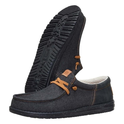 men's casual shoes in black denim with tan laces