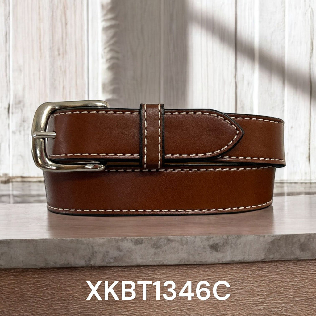 Dark brown plain kids leather belt with white stitching on the edge
