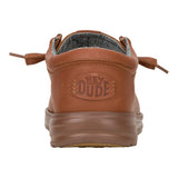 Back view of the Hey Dude Paul Leather Cognac shoe showing the heel stitching, branded detail, and relaxed casual silhouette