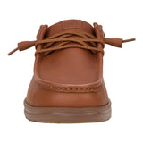Close‑up of the Hey Dude Paul Leather Cognac shoe focusing on the premium leather grain, stitching details, and lightweight sole construction.