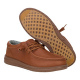 Hey Dude Paul Leather Cognac men’s shoe shown from a front angle, highlighting the smooth leather upper, moc‑toe design, and lightweight outsole.