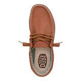 Top‑down view of the Hey Dude Paul Leather Cognac shoe displaying the cushioned insole, lace system, and rich cognac leather texture