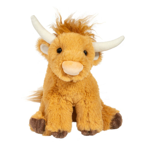 Mini Scottie Highland Cow plush with rust-colored shaggy coat, ivory horns, and cloven hooves