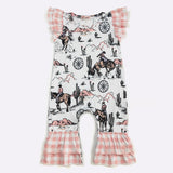 Western Graphic Romper with Pink and White Checkered Ruffles