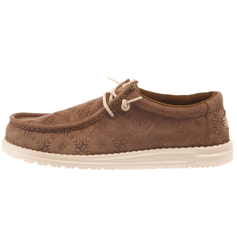 Side view of the Hey Dude Men’s Wally Brown Teton Embossed Shoe on a white background highlighting the embossed texture and lightweight profile.