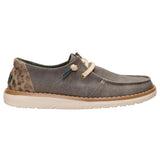 Heel to toe side view of Hey Dude Women's Dark Olive Wendy Leopard Workwear Shoes 