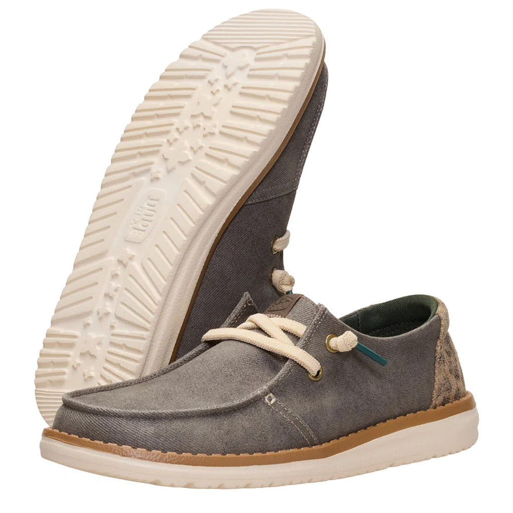 Side and bottom of Hey Dude Women's Dark Olive Wendy Leopard Workwear Shoes 
