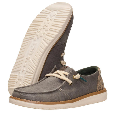 Side and bottom of Hey Dude Women's Dark Olive Wendy Leopard Workwear Shoes 