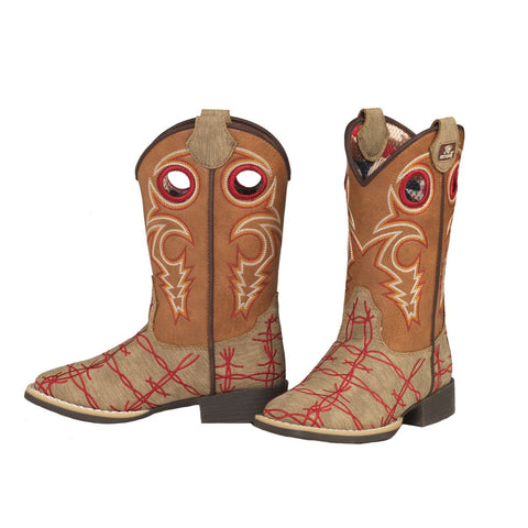  kids cowboy boots they have gold, red and white stitching with red piping along the side and top and embroidered barbed wire on the lower part. 