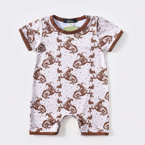 Brown and White Short Sleeve Romper with Bucking Bronc Rider Design
