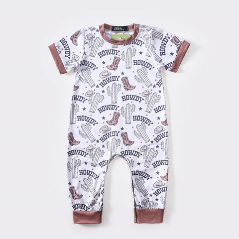 Short Sleeve Brown and White Romper with Howdy/Cactus/Boots and Cowboy Hat Design