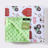 Baby Blanket with a Barn and Farm Scene on One Side Solid Lime Green on the Other Side 