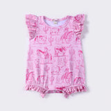 Pink Western Scene Romper with Ruffled Shoulders and Leg Opening
