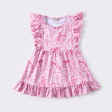 Pink Western Scene Sleeveless Dress with Ruffle Shoulders and Hem