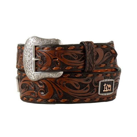 Western two‑tone hand tooled belt featuring engraved Cowboy Prayer conchos and rich leather detail.