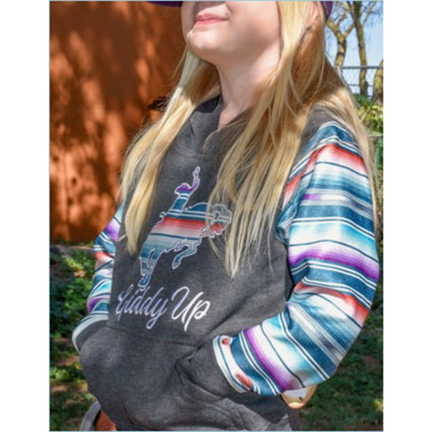 Girls Giddy up Serape Sleeve Pullover Hoodie with Bronc Graphic