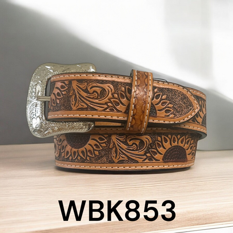 Brown leather tooled belt with sunflower designs and a silver buckle