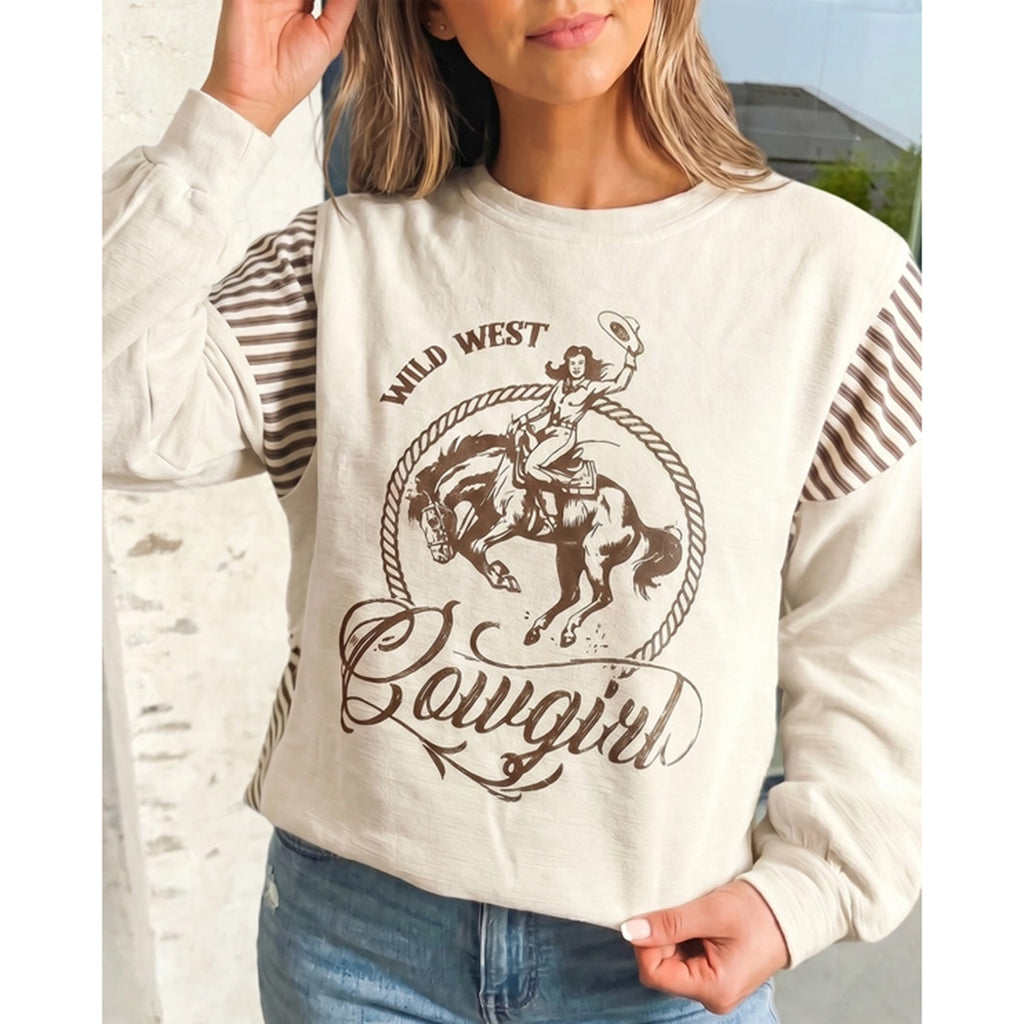 Cream Brown Stripe Cowgirl Sweatshirt