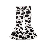 Girl’s Cow Print Denim Ruffled Flares on a white background with layered ruffle legs.