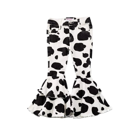 Girl’s Cow Print Denim Ruffled Flares on a white background with layered ruffle legs.