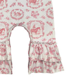 Pink and White Floral and Horse Print Romper with Ruffles Leg View