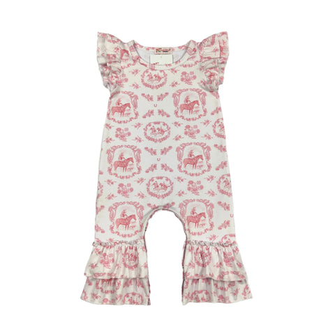 Pink and White Floral and Horse Print Romper with Ruffles