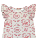 Pink and White Floral and Horse Print Romper with Ruffles Shoulder View