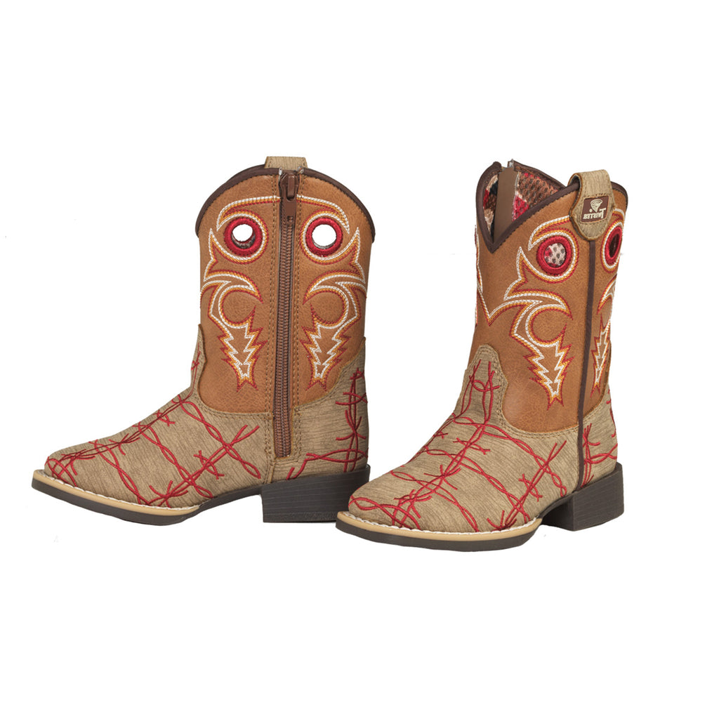 Brown wood grain design boots with red embroidered barbed wire on the foot