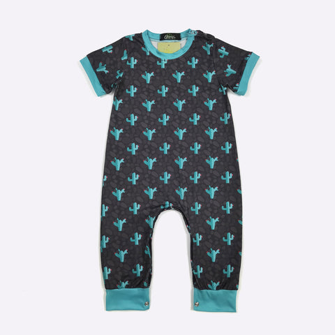 Black Romper with Turquoise Cactus Print