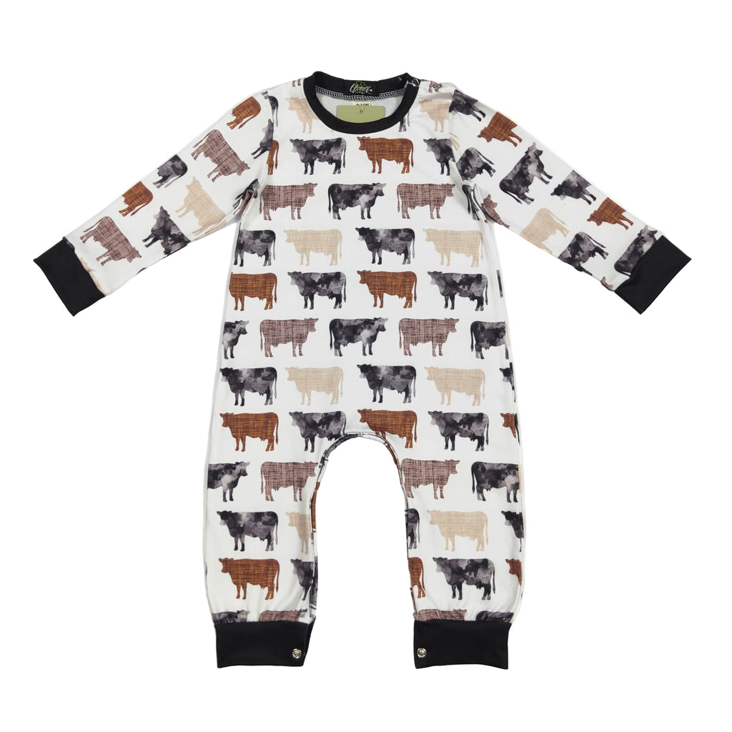 infant/toddler romper with cow print in multiple colors of brown
