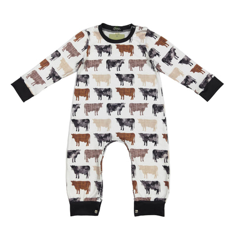 infant/toddler romper with cow print in multiple colors of brown