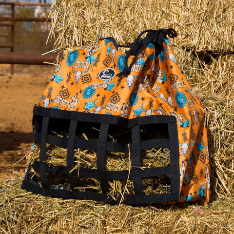 Orange Howdy Hay Bag filled with hay.