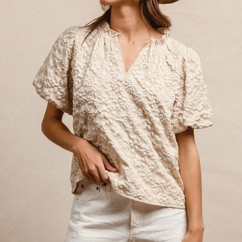 Front side view of Oat Floral Textured Balloon Sleeve Shirt 