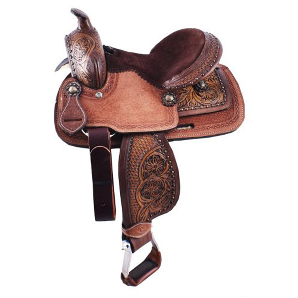 10 inch Pony Saddle with Brown Suede Seat with Basket weave and floral tooling