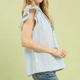 Side view of model wearing the blue striped scalloped trim flutter sleeve top highlighting the flutter sleeves and striped pattern.