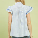Back view of model wearing the blue striped scalloped trim flutter sleeve top showing the scalloped edge and relaxed fit.