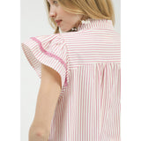 Close‑up of model wearing the Pink Striped Flutter Sleeve Top, focusing on the flutter sleeve texture and pink stripe pattern.